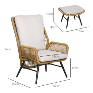 Fauteuil lounge de jardin inclinable avec repose-pied coussins inclus résine tressée aspect rotin