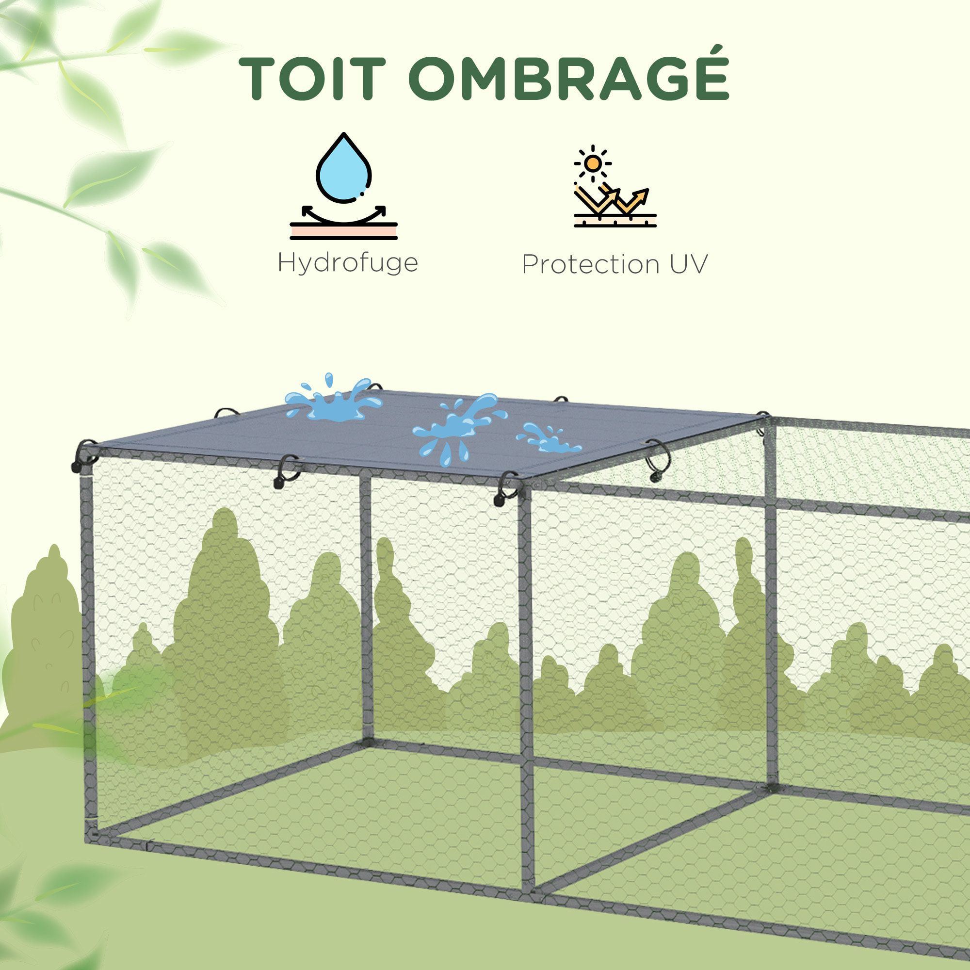 Cage parc enclos poulailler dim. 2,96L x 1l x 0,8H m - espace couvert - ouverture toit verrouillable - acier gris vert