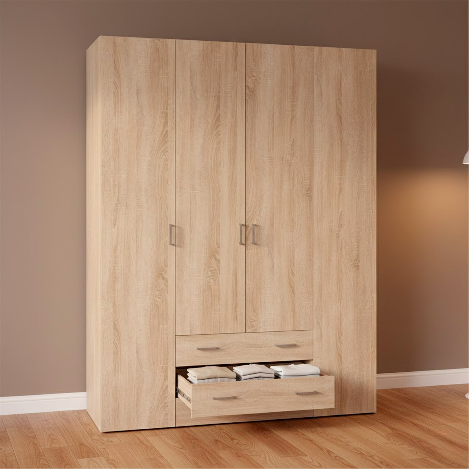 Armadio Guardaroba Con 4 Ante E 3 Cassetti Design Moderno Ampio Vano Con Barra Appendiabiti e Ripiani Salvaspazio Abiti 154 x 49.5 x 200.4 Cm Rovere