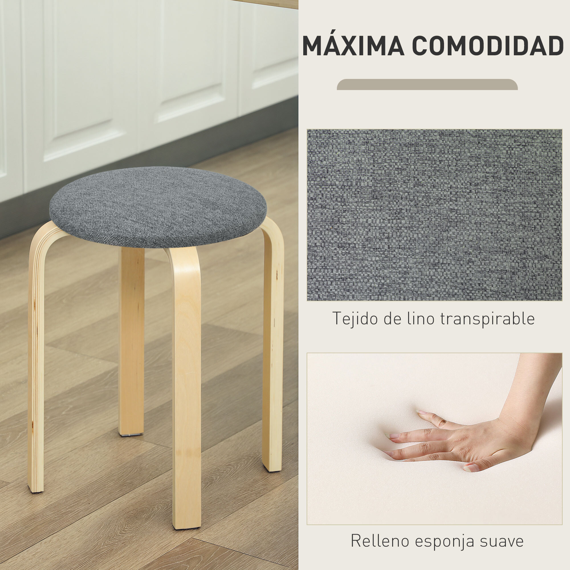 Juego de 4 Taburetes Apilables Redondos Taburetes Bajo de Cocina de Madera con Asiento Acolchado para Comedor Dormitorio Oficina Salón Gris y Natural