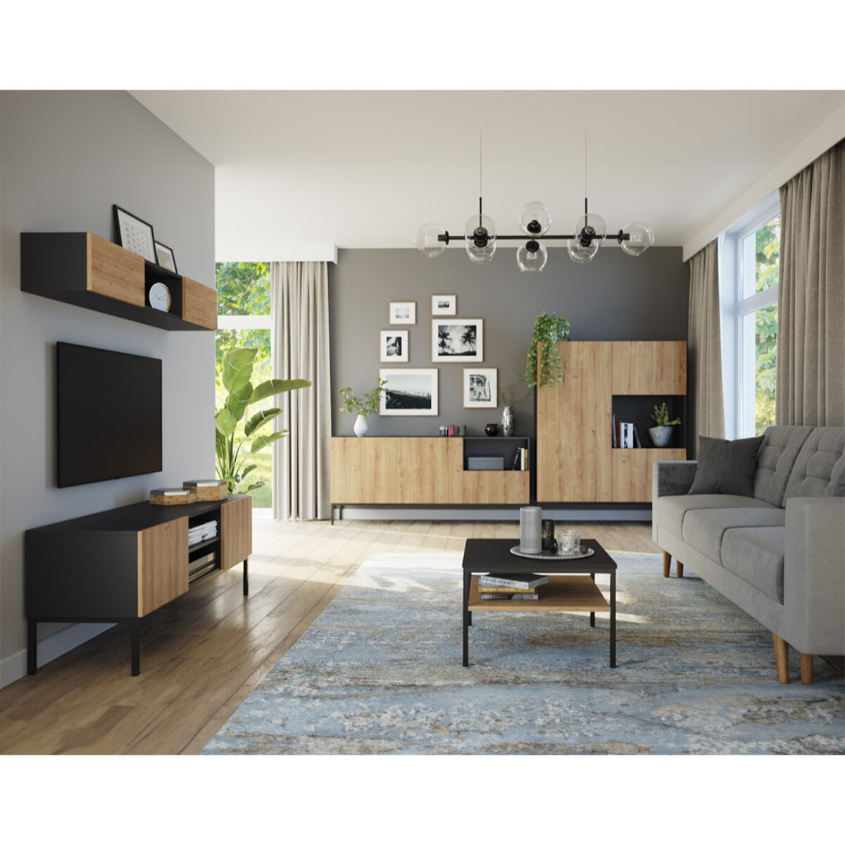 Felicia - buffet bas - effet bois et noir - 2 portes, 1 tiroir et 1 niche - 180 cm - Bois / Noir