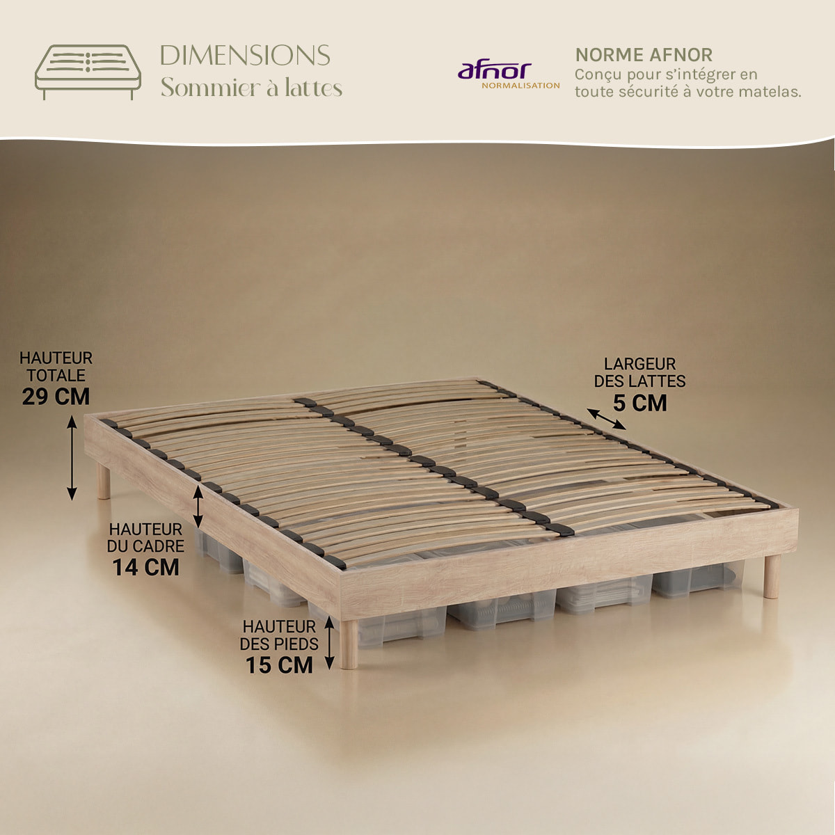 Sommier à Lattes Apparentes MDF & Bois Massif, Robuste, Aération Optimale