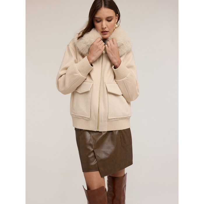 Motivi - Chaquetón en paño mezcla de lana con cuello alto - Blanco