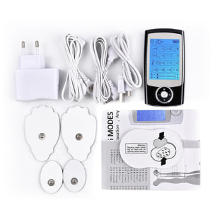 Elettrostimolatore muscolare portatile EMS MHD-16AB. 16 modalità, 20 intensità, 2 canali doppi. Dimensioni compatte, batteria ricaricabile.