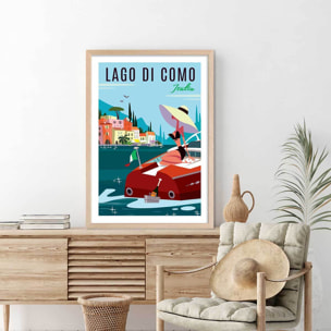 Poster retro lac de côme Affiche + cadre en bois - Chêne