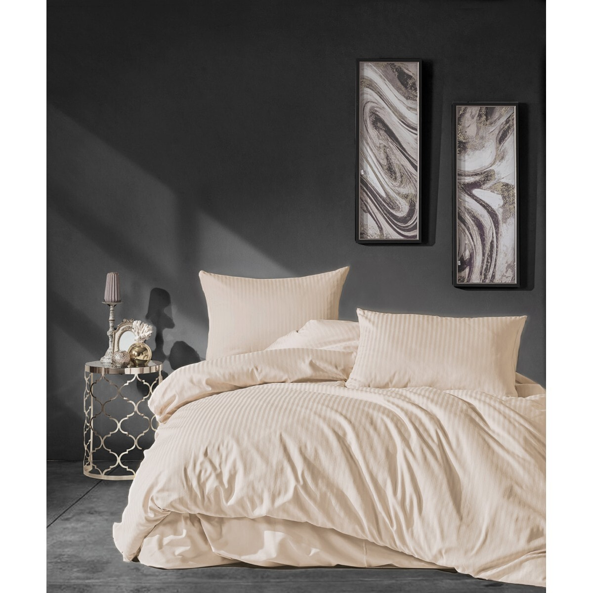 Parure housse de couette et taie(s) oreiller 100% Satin de Coton rayé