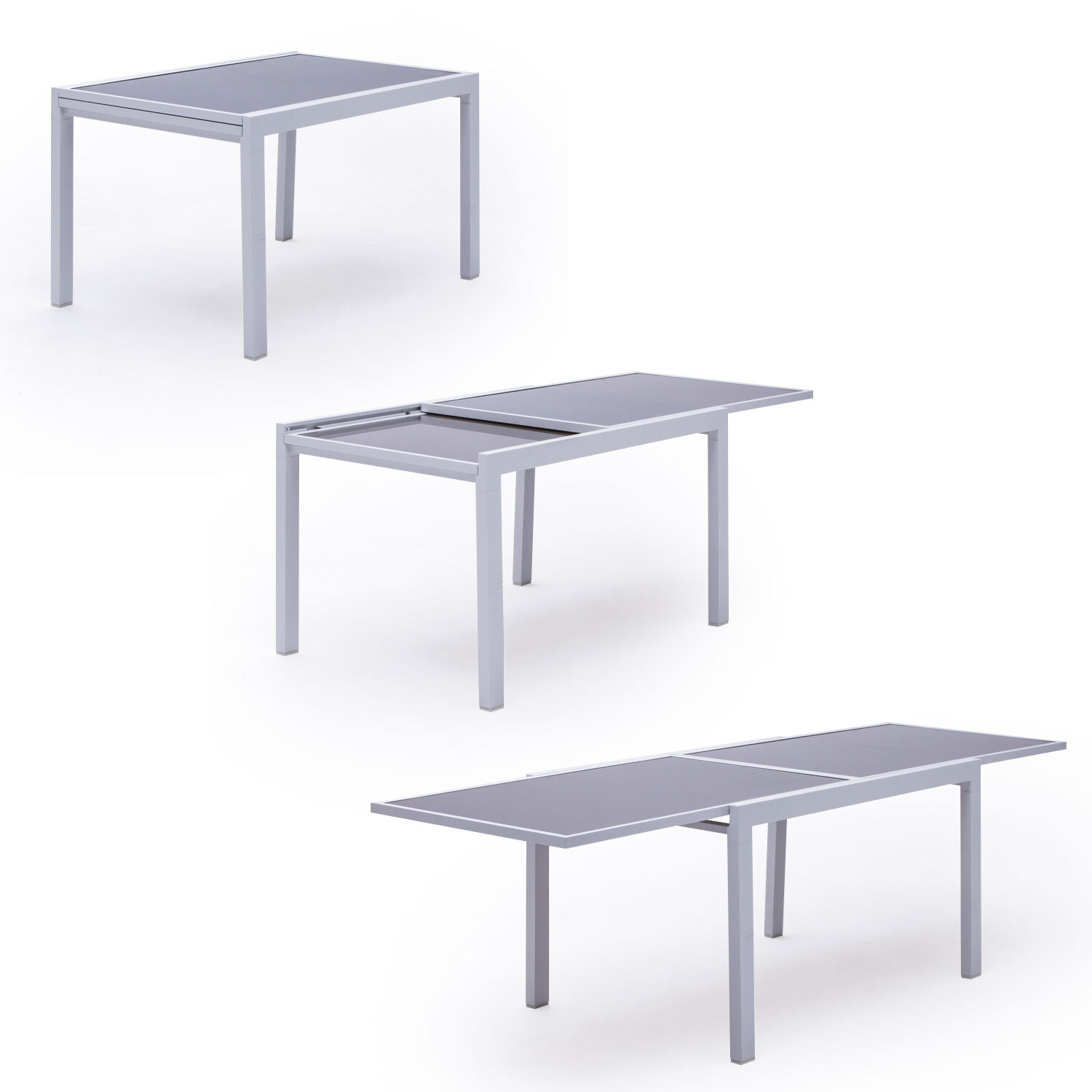 Salon de jardin LAMPEDUSA extensible en textilène gris 10 places - aluminium blanc