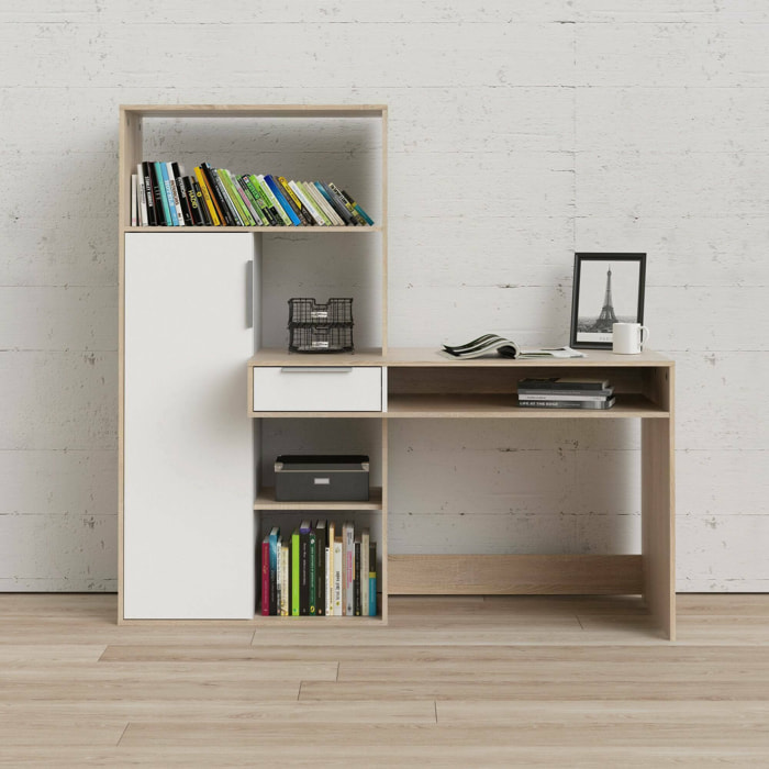 Scrivania Annalou, Scrittoio multiuso, Tavolo per ufficio porta PC, Piano di lavoro, 163x60 h155 cm, Quercia e Bianco