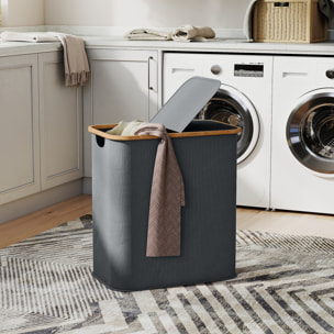 Panier à linge double pliable 80L - corbeille à linge sale avec couvercle et poignées - bambou non tissé gris