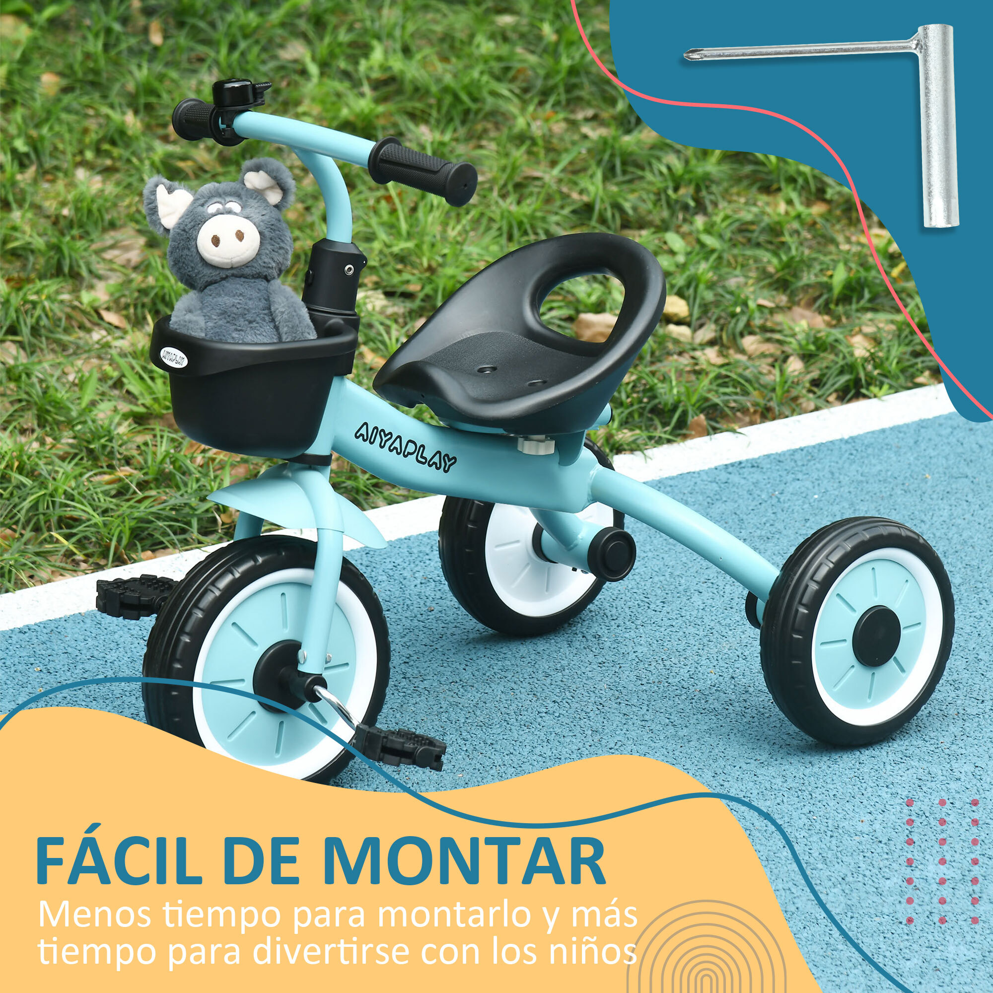 Triciclo para Niños de 2 a 5 Años Bicicleta Infantil con Asiento Ajustable Cesta Timbre Pedales y 3 Ruedas Carga 25 kg 70,5x50x58 cm Azul