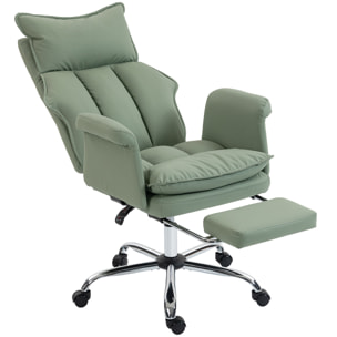 Silla de Escritorio con Reposapiés, Silla de Oficina Giratoria, con Respaldo Reclinable y Alto, Acolchado Grueso, Tapizada en Cuero Sintético, Soporte Lumbar, Altura Ajustable, Ruedas, Verde