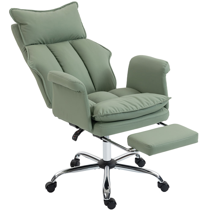 Silla de Escritorio con Reposapiés, Silla de Oficina Giratoria, con Respaldo Reclinable y Alto, Acolchado Grueso, Tapizada en Cuero Sintético, Soporte Lumbar, Altura Ajustable, Ruedas, Verde