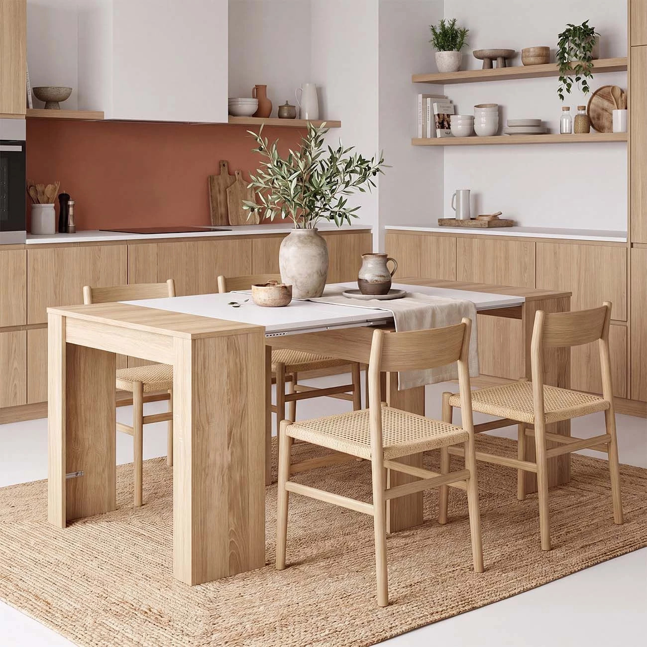 Mesa consola extensible en roble canadian y blanco artik 50-235x90 cm Denis Roble Canadian - Blanco Artik (Blanco Mate)
