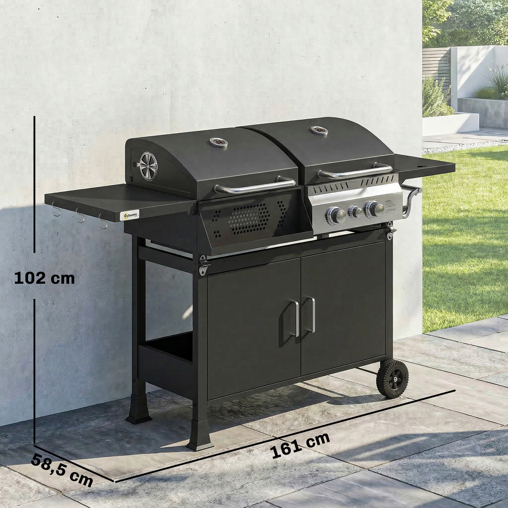 Barbecue hybride gaz et charbon de bois barbecue mixte 2 en 1 avec 3 brûleurs et feu latéral thermomètre - acier - noir