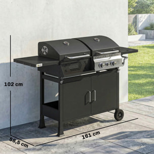 Barbecue hybride gaz et charbon de bois barbecue mixte 2 en 1 avec 3 brûleurs et feu latéral thermomètre - acier - noir