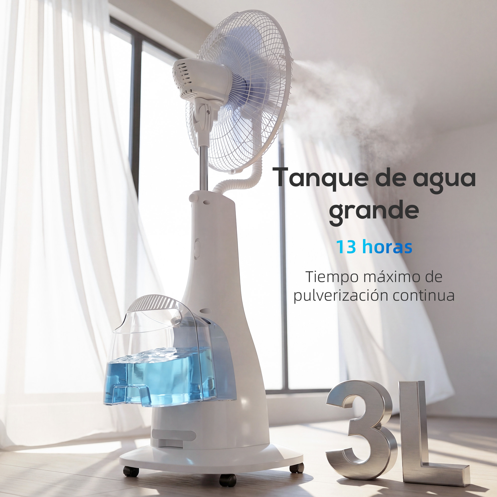 Ventilador Nebulizador, 90W, Ventilador con Agua, Oscilación 75°, 3 Velocidades, 5 Aspas, 3 Modos, Depósito de Agua 3L, Temporizador 7,5h, Control Remoto, 5 Ruedas, para Hogar, Oficina, Blanco