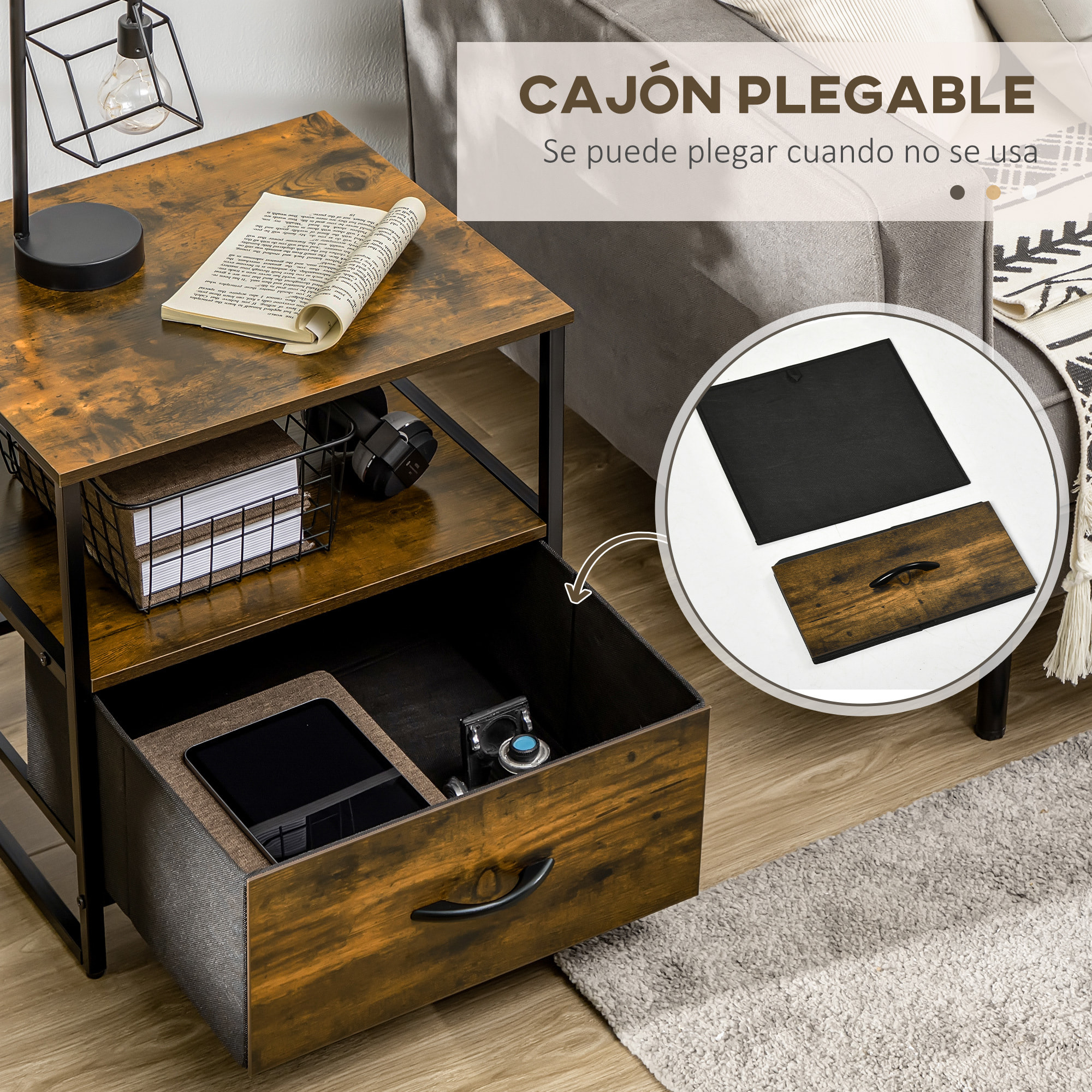 Mesita de Noche con 1 Cajón de Tela Plegable y Estante Abierto 45x40x50,5 cm