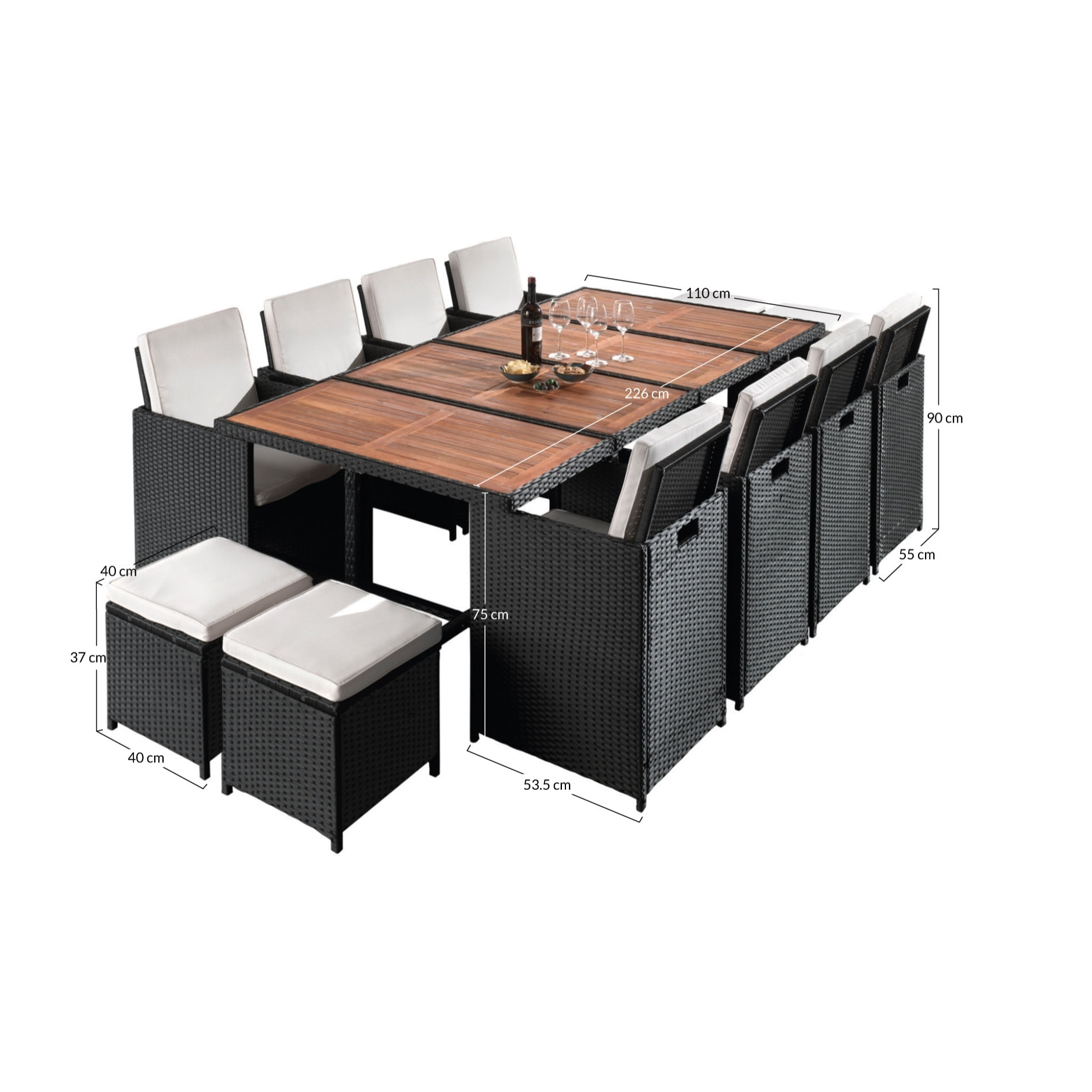 Cuba - Salon de jardin encastrable 12 places - en résine tressée - Noir avec coussins gris + housse de protection - Noir / Gris