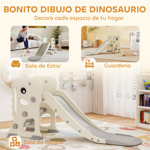 Tobogán Infantil 3 en 1 Tobogán para Niños de 2 a 5 Años Plegable con Escalera Canasta de Baloncesto Diseño de Dinosaurio y Hebillas Reforzadas para Interior 146x52x65 cm Blanco Crema