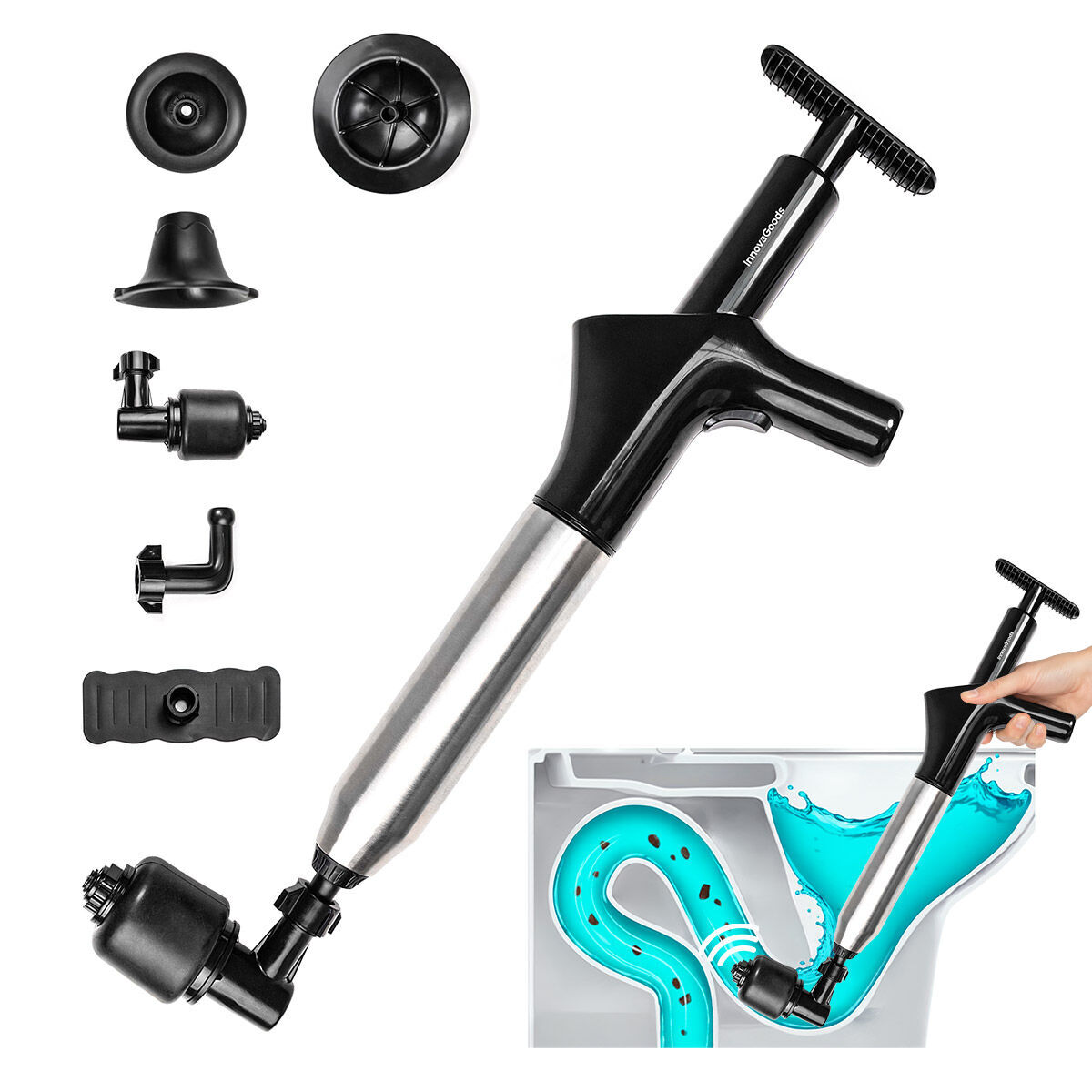 Déboucheur à air comprimé haute pression avec accessoires et manomètre 5 en 1 Jetpro InnovaGoods