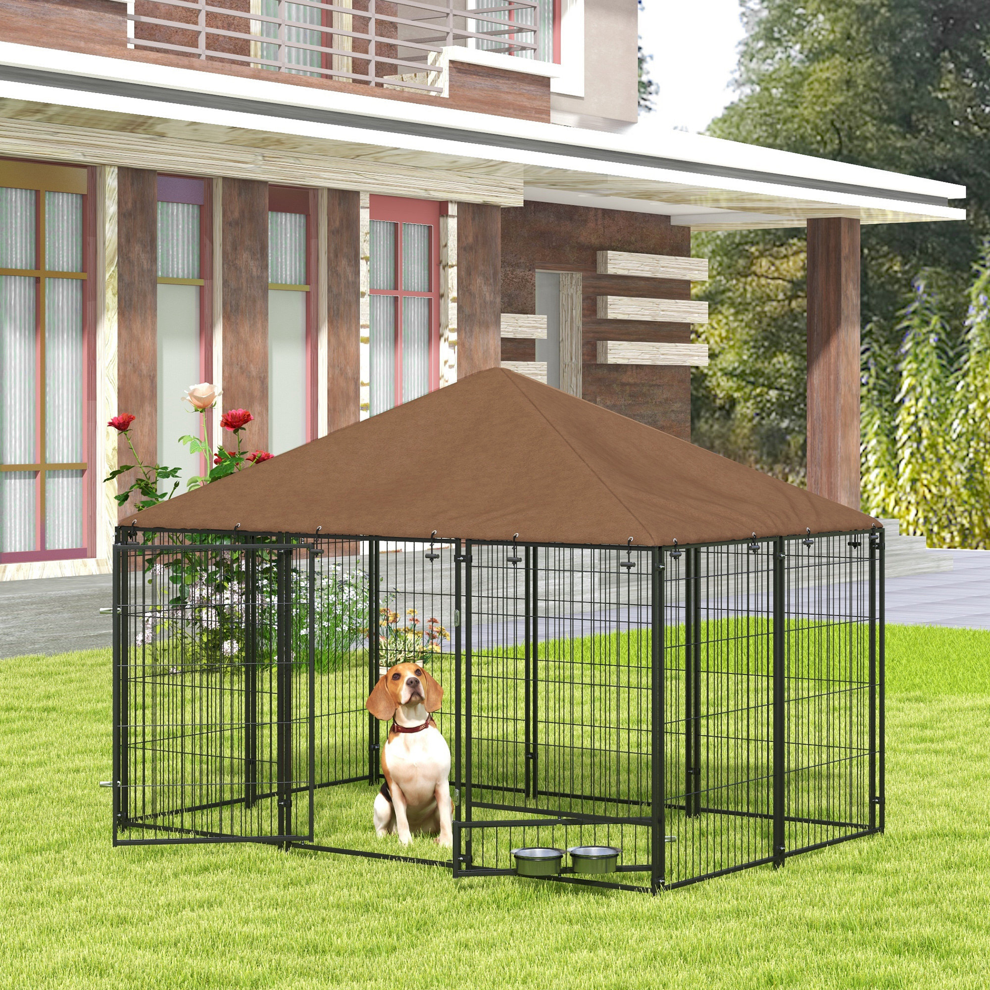 Chenil extérieur couvert pour chien 2 supports gamelles rotatifs porte verouillable acier noir