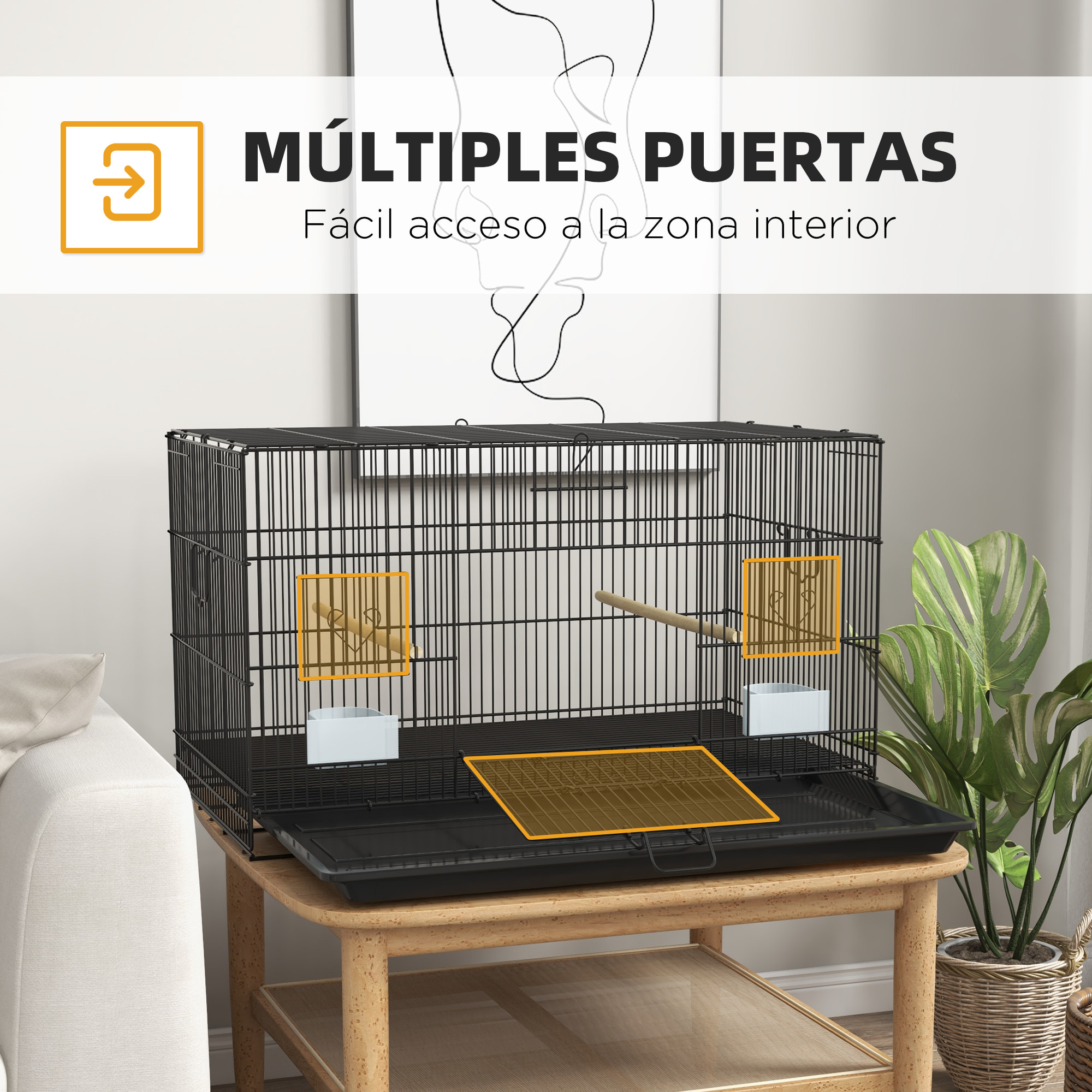 Jaula para Pájaros 77x46x45 cm Jaula Metálica para Aves con Bandeja Extraíble 2 Perchas 2 Comederos para Periquitos Canarios Negro