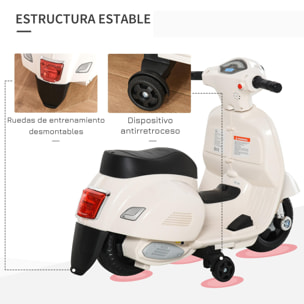 Moto Eléctrica Vespa para Niños de 18-36 Meses con Faro Bocina y 4 Ruedas Motocicleta Infantil con Licencia 66,5x38x52 cm Blanco