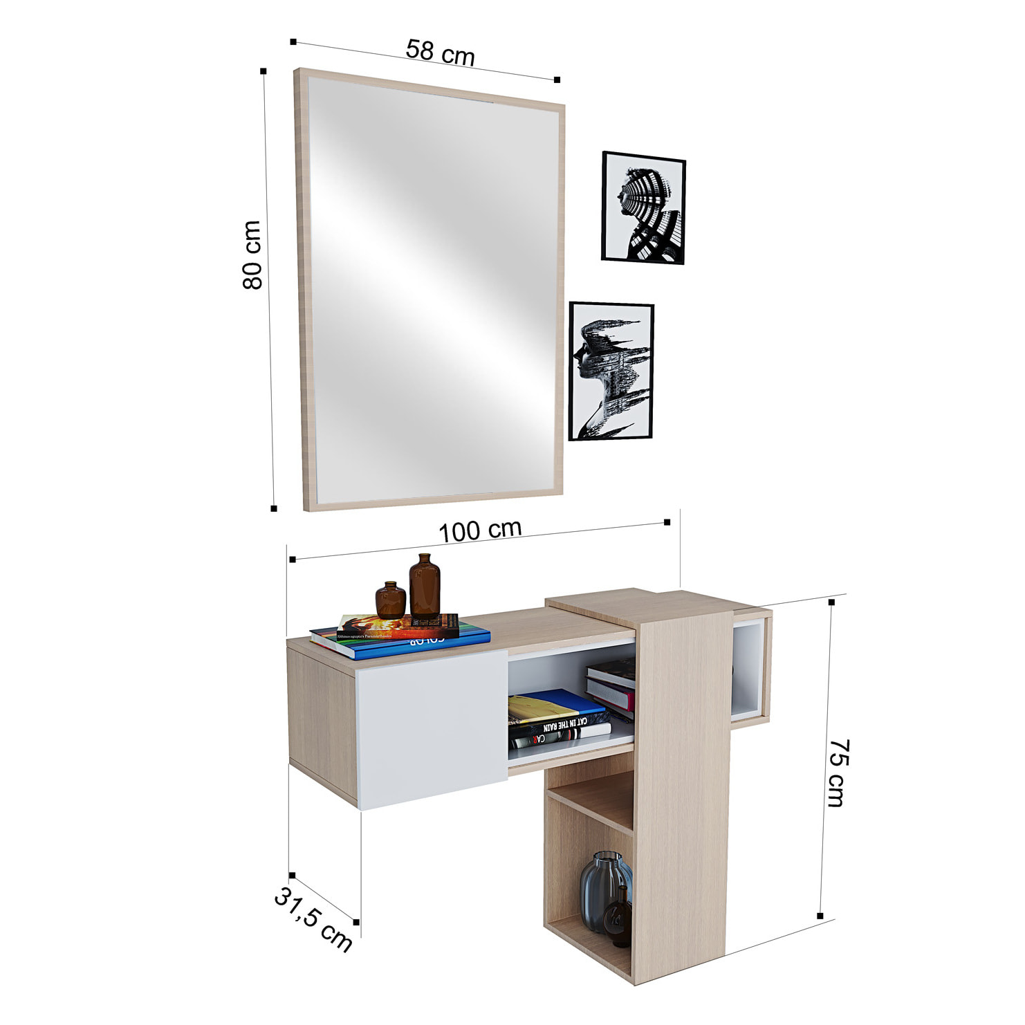 Mobile Danzica Mobiletto da Ingresso Mensola Sospesa con Specchio E Ripiani Scorrevole Arredo Arredamento Sala 100 x 31.5 x 75 cm Bianco e Rovere