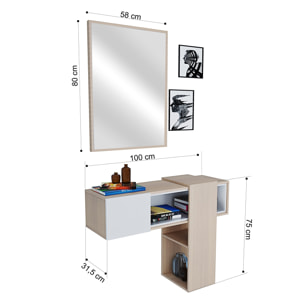 Mobile Danzica Mobiletto da Ingresso Mensola Sospesa con Specchio E Ripiani Scorrevole Arredo Arredamento Sala 100 x 31.5 x 75 cm Bianco e Rovere