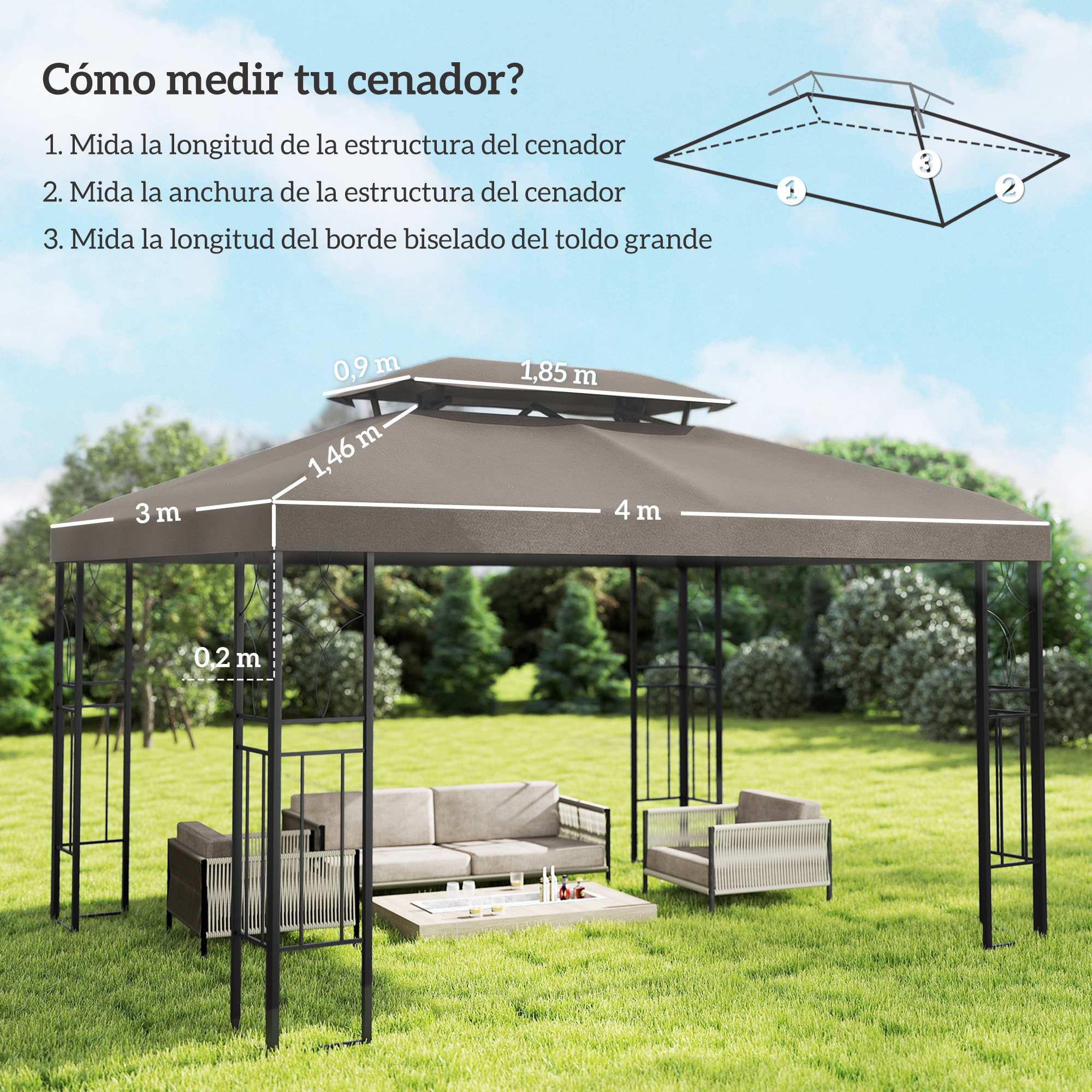 Techo de Repuesto para Cenador, 4x3 m, Cubierta de Repuesto con Techo Doble, 10 Orificios de Drenaje y Protección UV, SOLO Toldo de Recambio para Pabellón Gazebo, Marrón