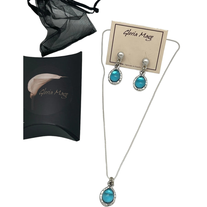 Conjunto collar y pendientes chapado plata y cristal azul