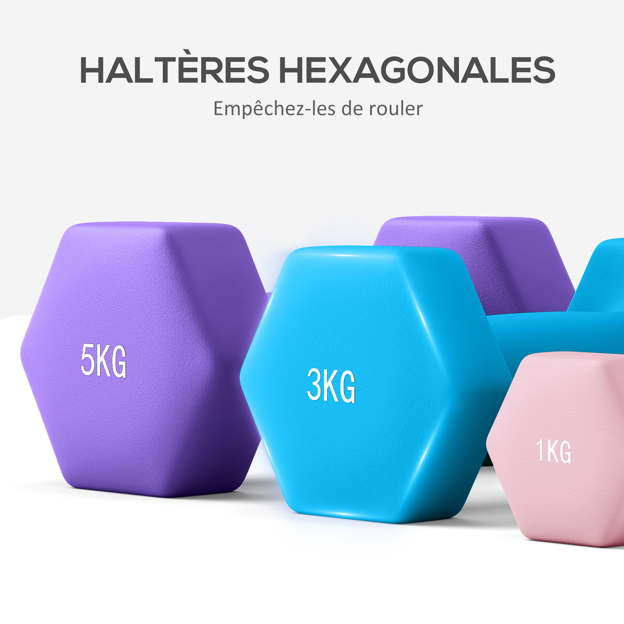 Support noir pour 6 haltères vinyles - 6 haltères incluses total 48 Kg - noir rose bleu violet