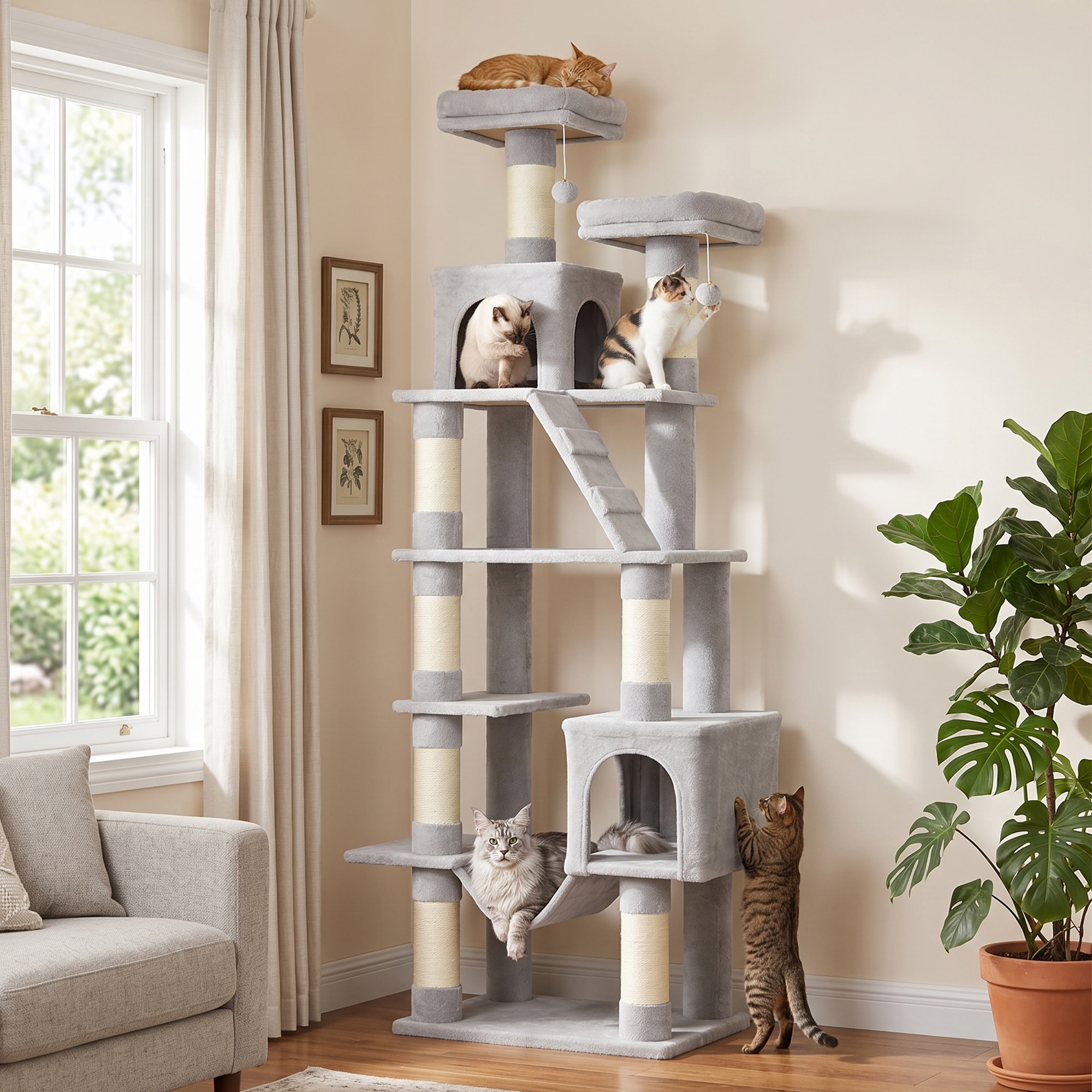 Árbol Rascador para Gatos 204 cm, Torre para Gatos Multinivel con 2 Cuevas, 2 Camas, Hamaca, Postes de Sisal, Escalera, 2 Bolas Colgantes, Tela de Felpa, para 1-3, Gris Claro