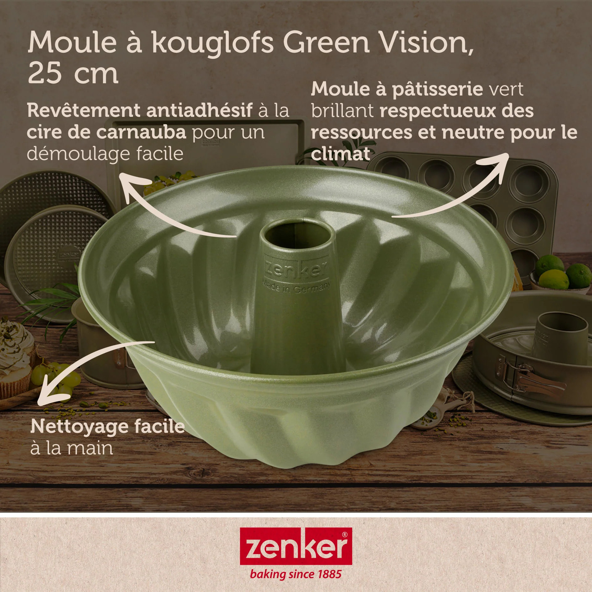 Lot de 2 moules à kouglof 25/25 cm en acier avec cire de carnauba Zenker Green Vision