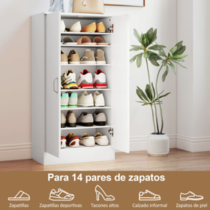 Zapatero de 2 Puertas, Zapatero Entrada Recibidor con 6 Estantes Ajustables, para 14 Pares de Zapatos, 55x35x108 cm, Blanco