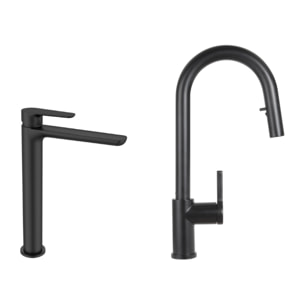 Mood set mitigeur lavabo XL + mitigeur de cuisine Ceramia Timeless acier inoxydable, douchette extractible, noir mat (SATBM285C)