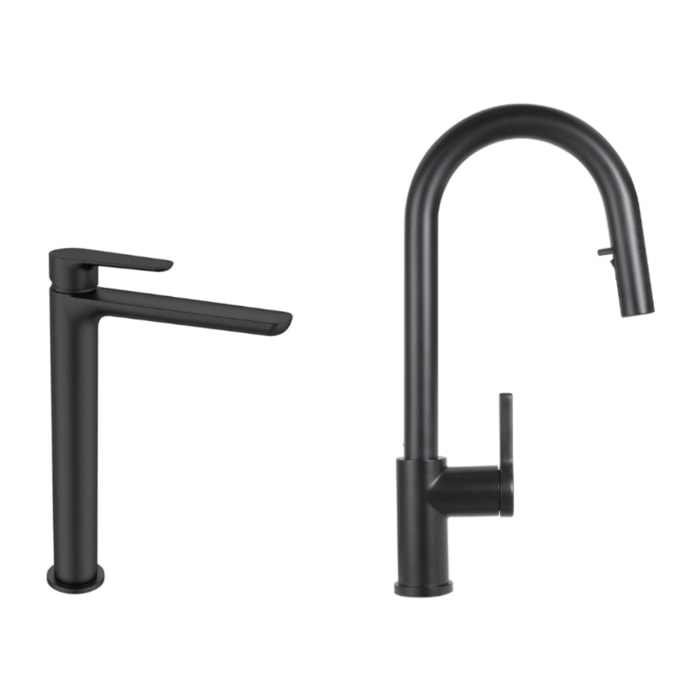 Mood set mitigeur lavabo XL + mitigeur de cuisine Ceramia Timeless acier inoxydable, douchette extractible, noir mat (SATBM285C)