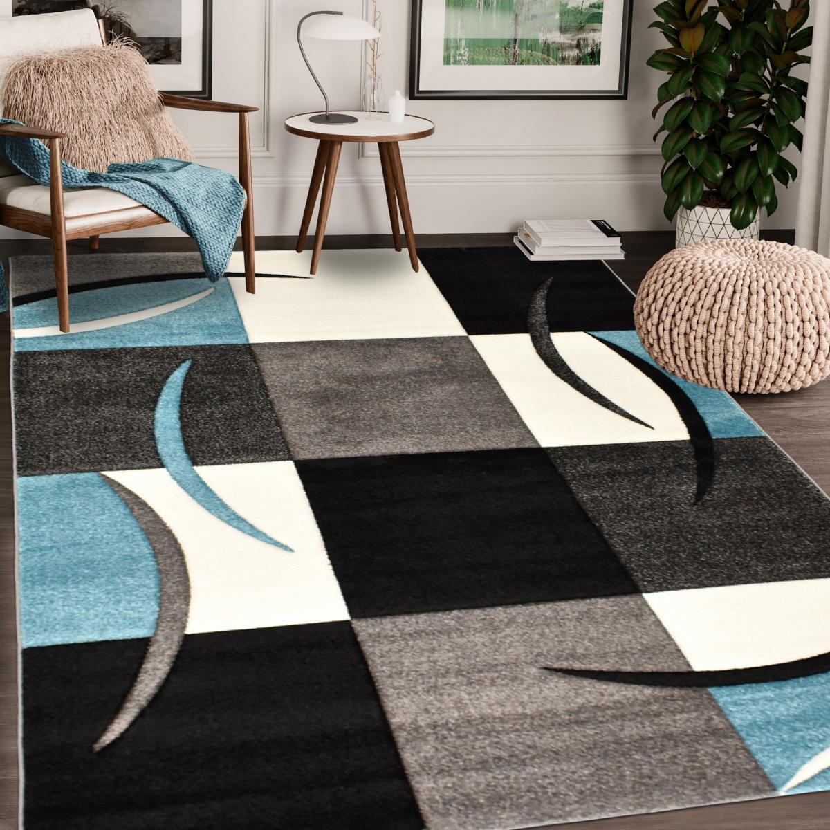 tapis entrée 60x110 tissé bleu rectangle motif géométrique VIRGULADA