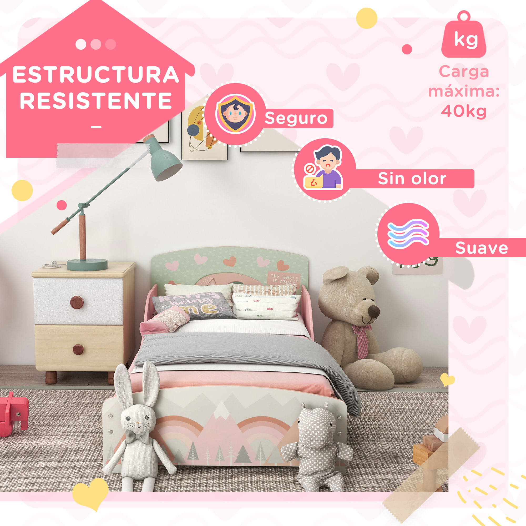 Cama Infantil de Madera 143x77x60 cm Cama para Niños de 3-6 Años con Barreras de Protección y Estampados Carga Máx. 40 kg Mueble de Dormitorio Moderno Rosa