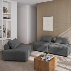 Lot de 3 chauffeuses pour canapé modulables velours côtelé gris avec un coussin