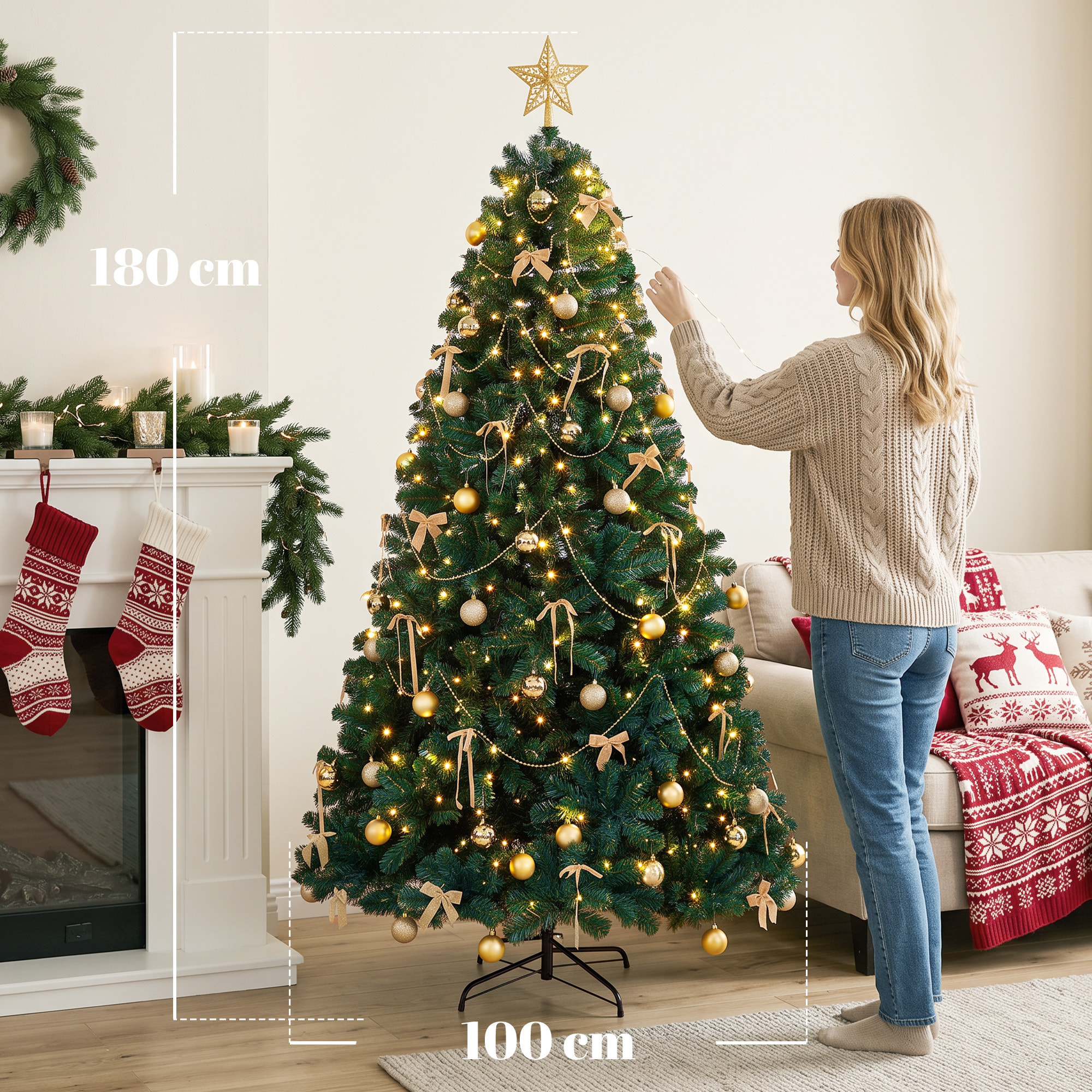 Árbol de Navidad con 240 LED Blanco Cálido, 180 cm, Árbol de Navidad Decorativo, 755 Ramas Ignífugas, Estrella, 30 Bolas, 18 Lazos y Decoración Dorada, Verde