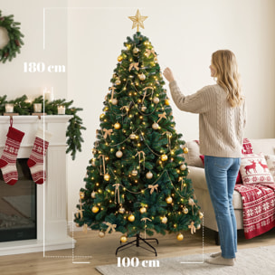 Árbol de Navidad con 240 LED Blanco Cálido, 180 cm, Árbol de Navidad Decorativo, 755 Ramas Ignífugas, Estrella, 30 Bolas, 18 Lazos y Decoración Dorada, Verde