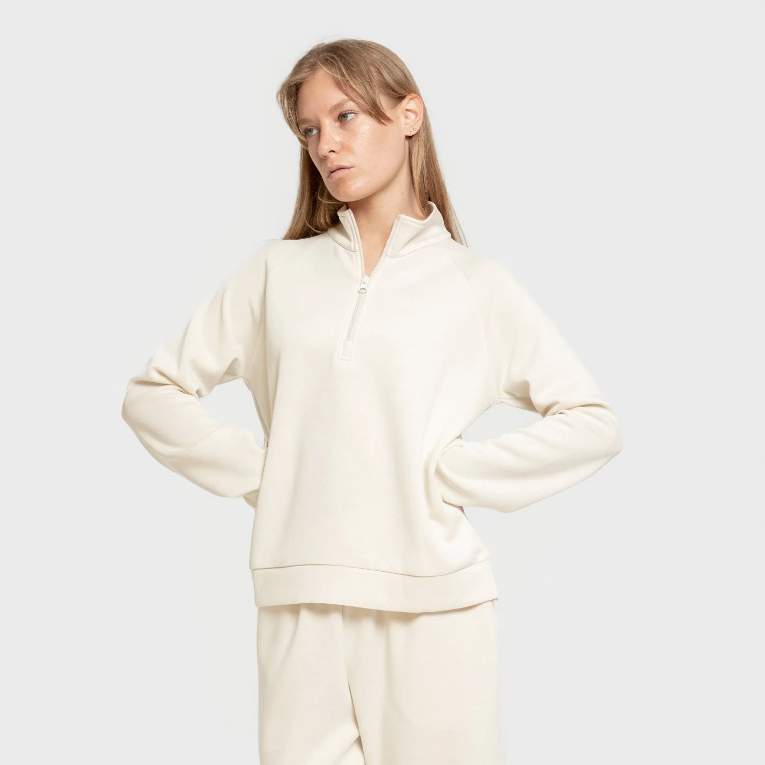 Felpa con mezza zip in stile modal da donna bianco naturale