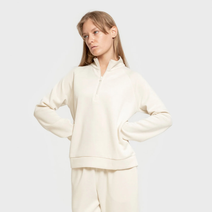 Felpa con mezza zip in stile modal da donna bianco naturale