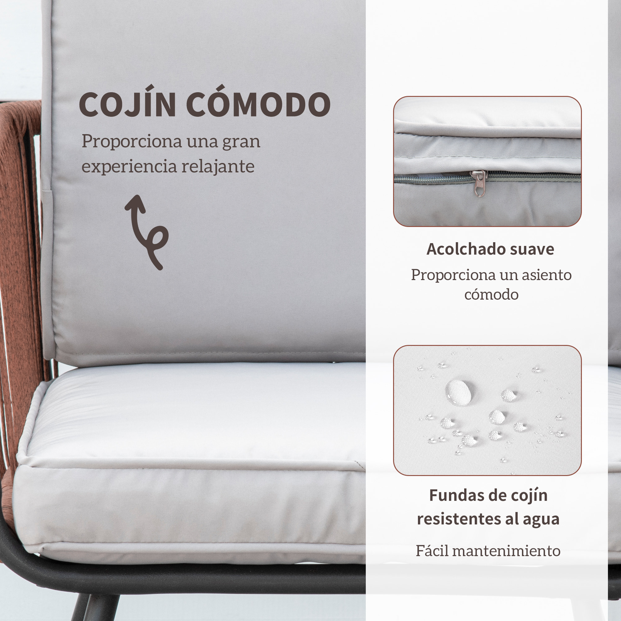 Conjunto de Muebles de Jardín de Ratán 3 Piezas Juego de Muebles de Terraza Incluye 1 Mesa de Centro y 2 Sillones con Cojines Acolchados Naranja y Gris