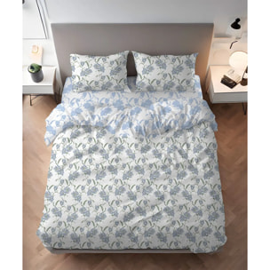 Parure Copripiumino Magnolia Azzurro per letto singolo in 100% Cotone e Made in Italy, moderno floreale