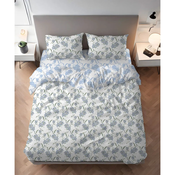 Parure Copripiumino Magnolia Azzurro per letto singolo in 100% Cotone e Made in Italy, moderno floreale