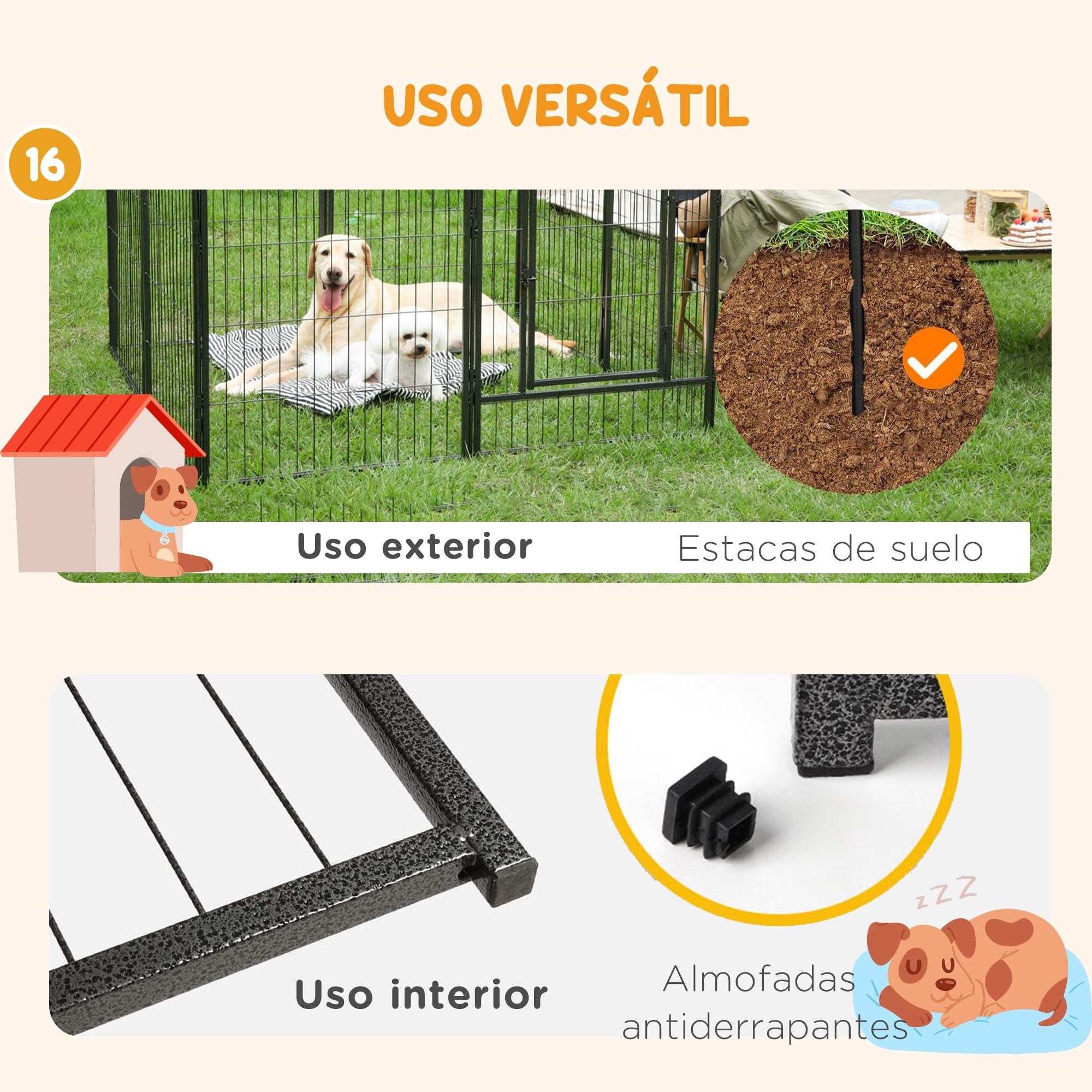 PawHut Parque para Perros Vallas para Mascotas de 16 Paneles 80x60 cm con 2 Puertas con Pestillo Corralito para Perros Pequeños de Acero para Interior y Exterior Gris