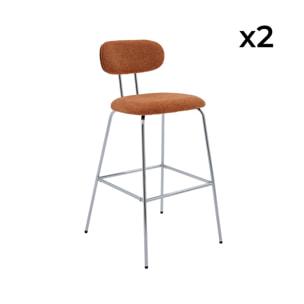 2 tabourets de bar décor bois courbé teinté noyer et tissu déperlant terracotta. pieds métal chromé - L 44 x P 51 x H 103cm - Erin