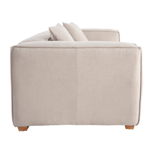 Canapé design 3 places en tissu effet velours beige naturel et bois clair COBAIN